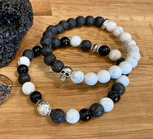 Bracelet Onyx Noir, Howlite et Pierre de Lave
